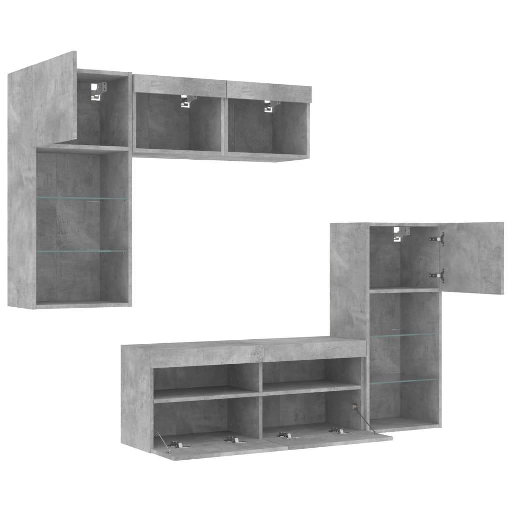 5 Piece TV Wall Units with LED Concrete Grey Engineered Wood
