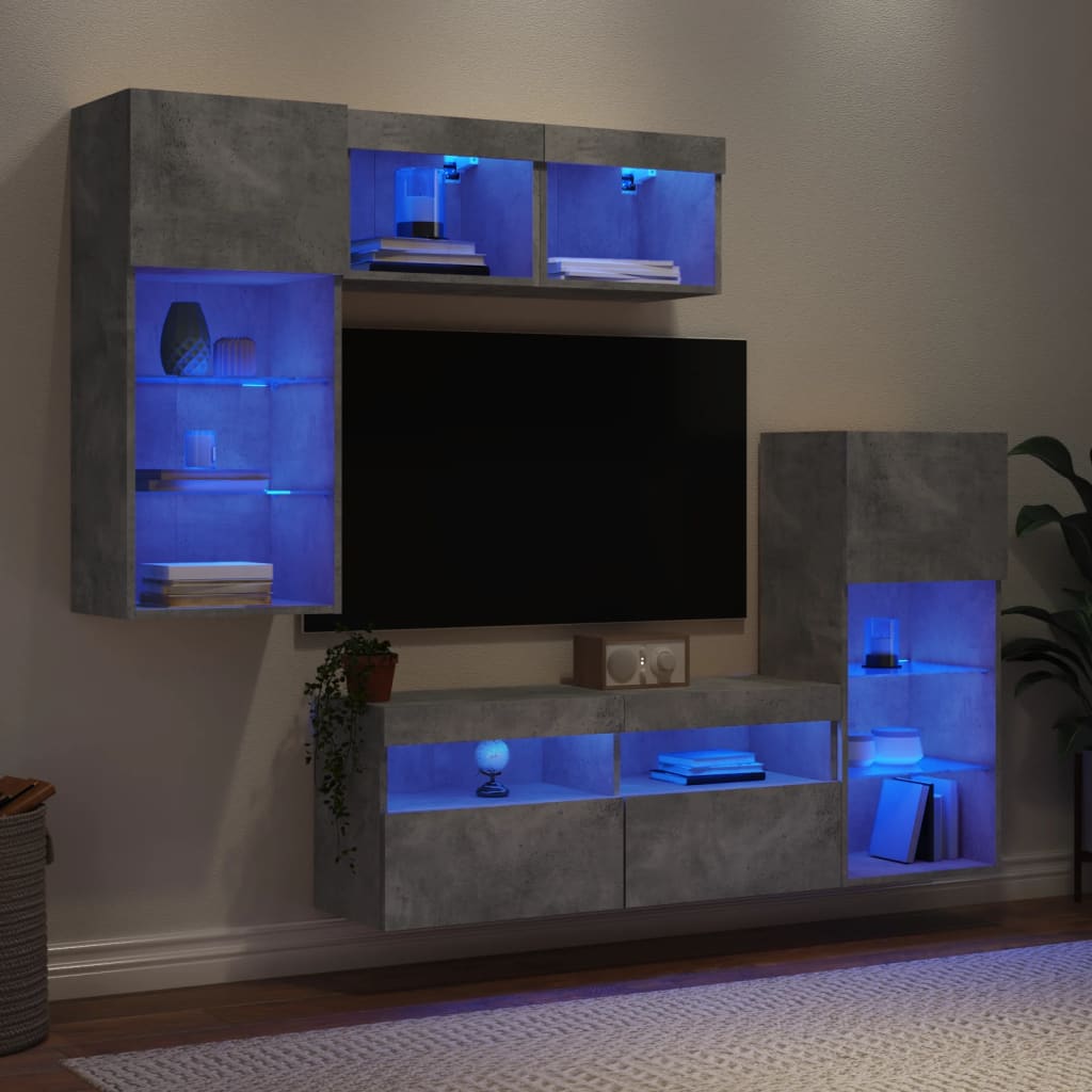 5 Piece TV Wall Units with LED Concrete Grey Engineered Wood