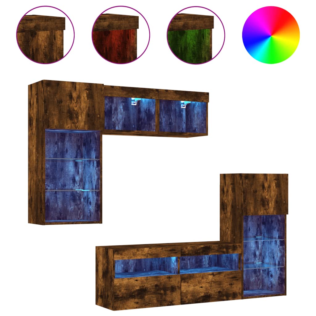 5 Piece TV Wall Units with LED Smoked Oak Engineered Wood
