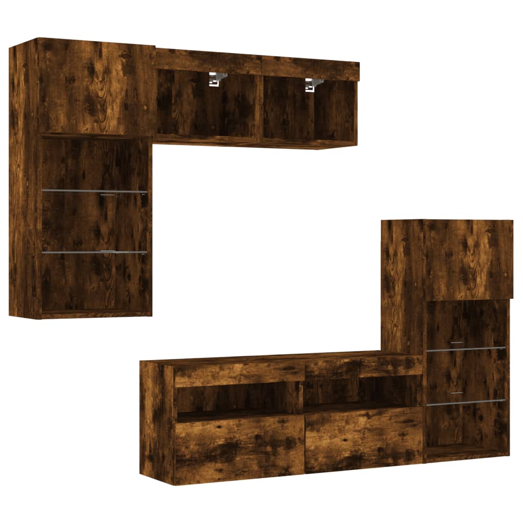 5 Piece TV Wall Units with LED Smoked Oak Engineered Wood