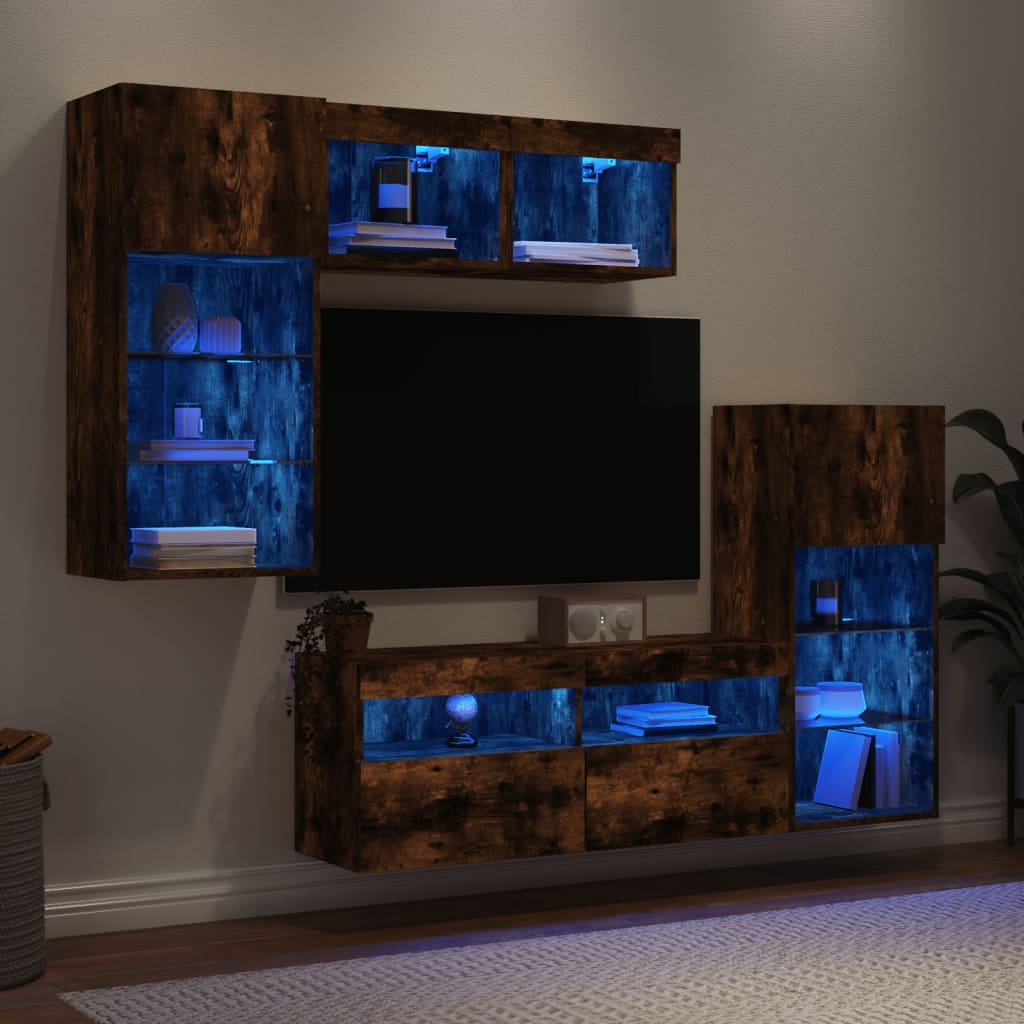 5 Piece TV Wall Units with LED Smoked Oak Engineered Wood