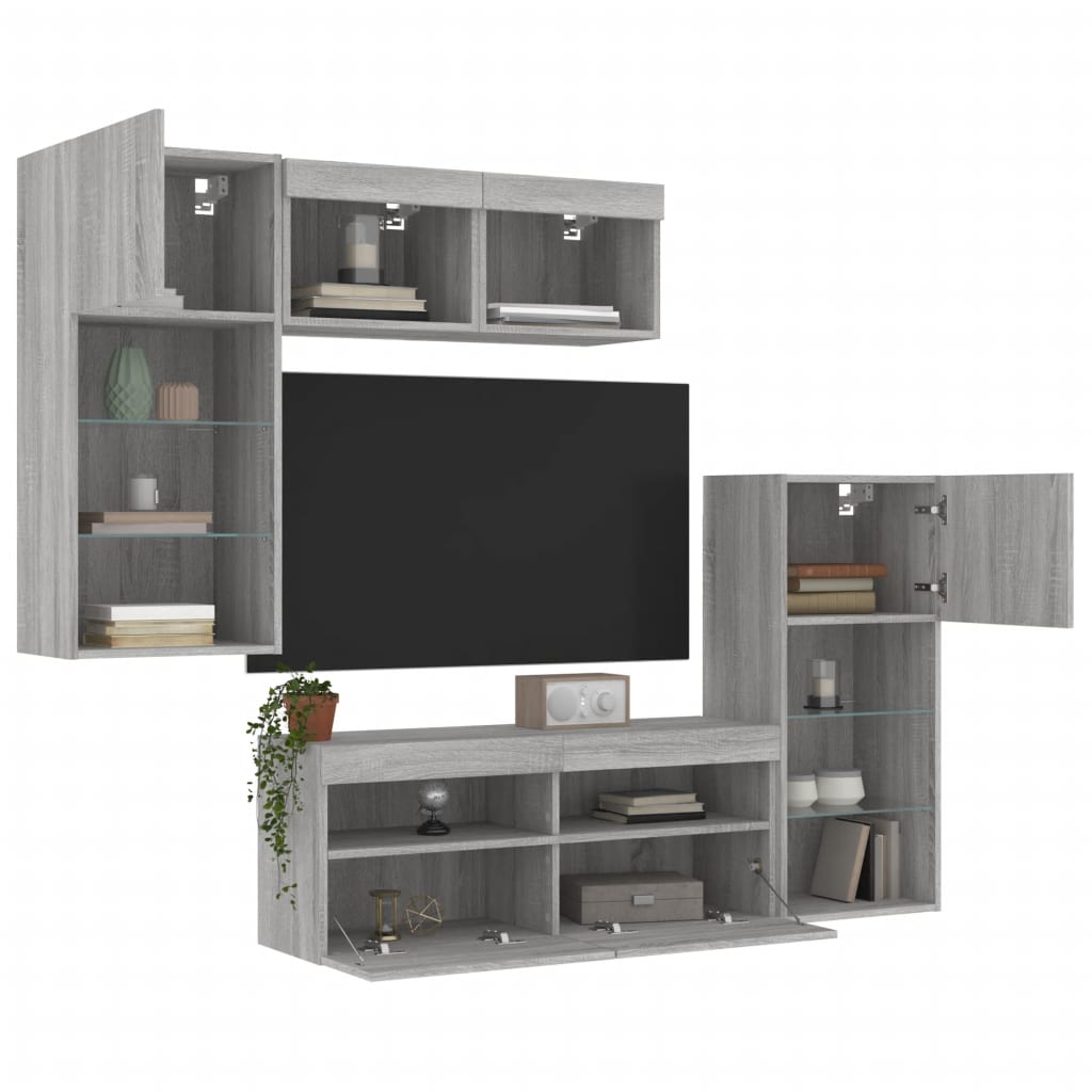 5 Piece TV Wall Units with LED Grey Sonoma Engineered Wood
