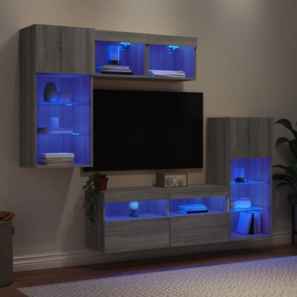 5 Piece TV Wall Units with LED Grey Sonoma Engineered Wood