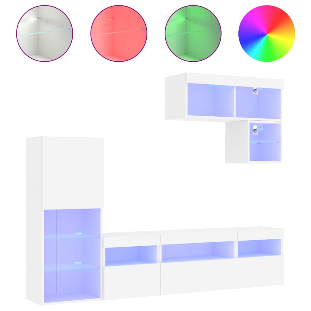6 Piece TV Wall Units with LED White Engineered Wood
