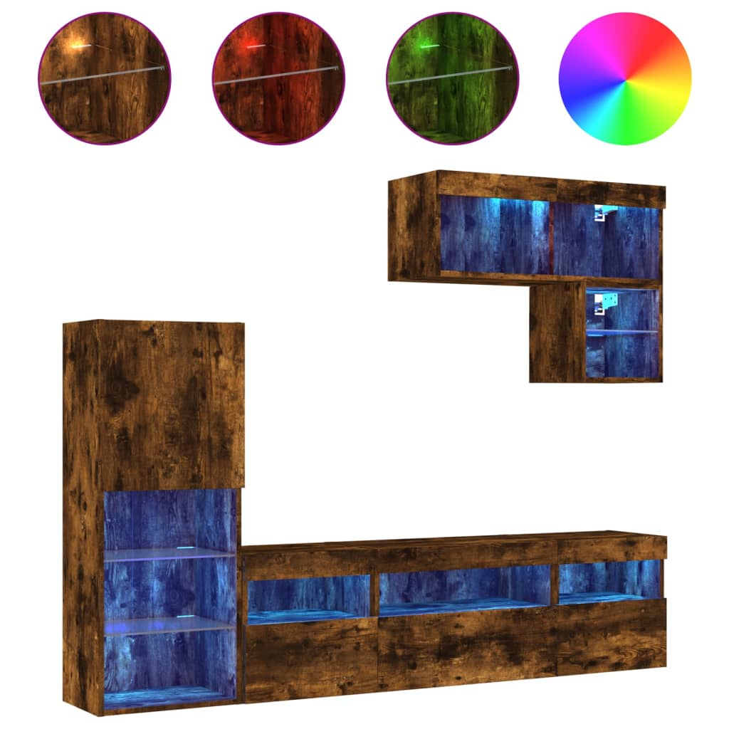 6 Piece TV Wall Units with LED Smoked Oak Engineered Wood