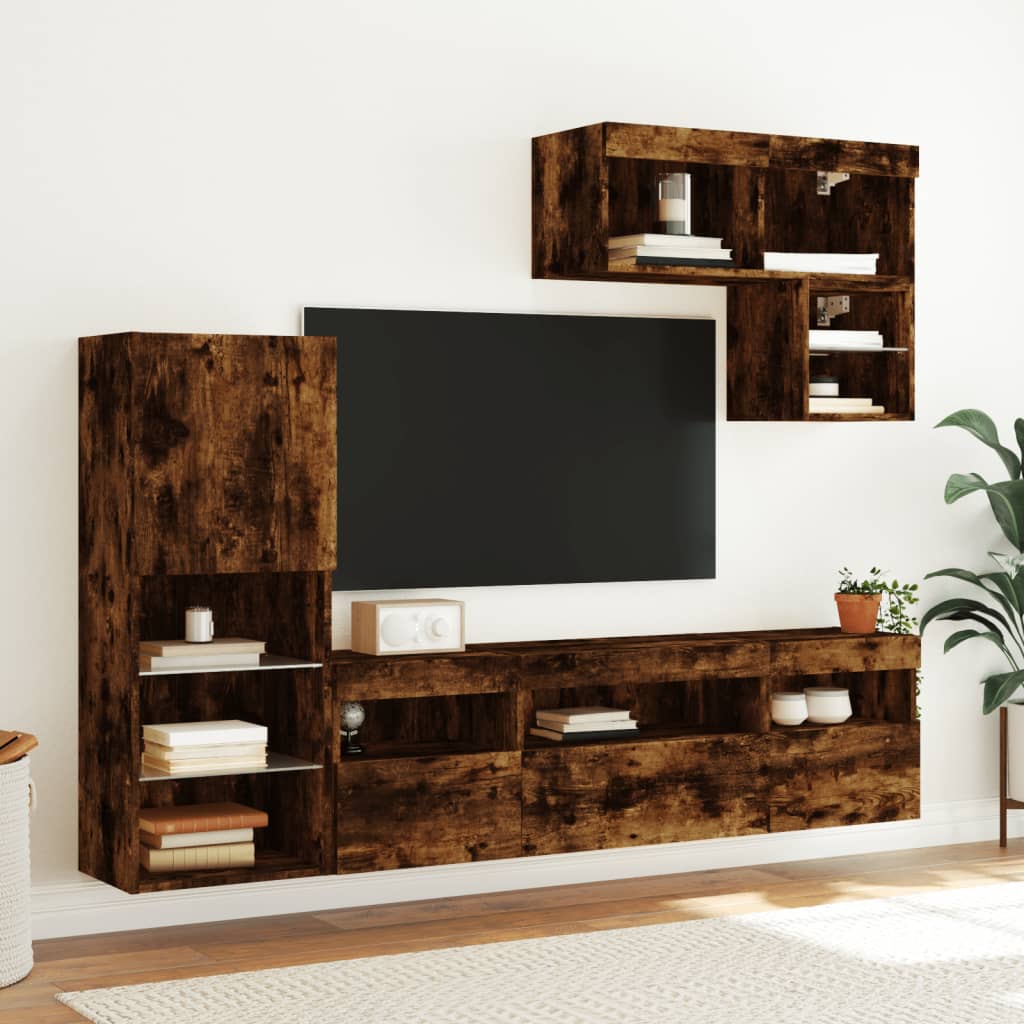 6 Piece TV Wall Units with LED Smoked Oak Engineered Wood