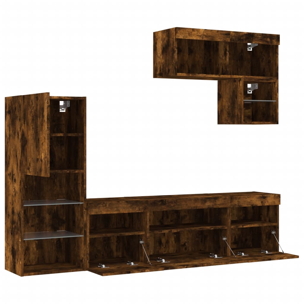 6 Piece TV Wall Units with LED Smoked Oak Engineered Wood
