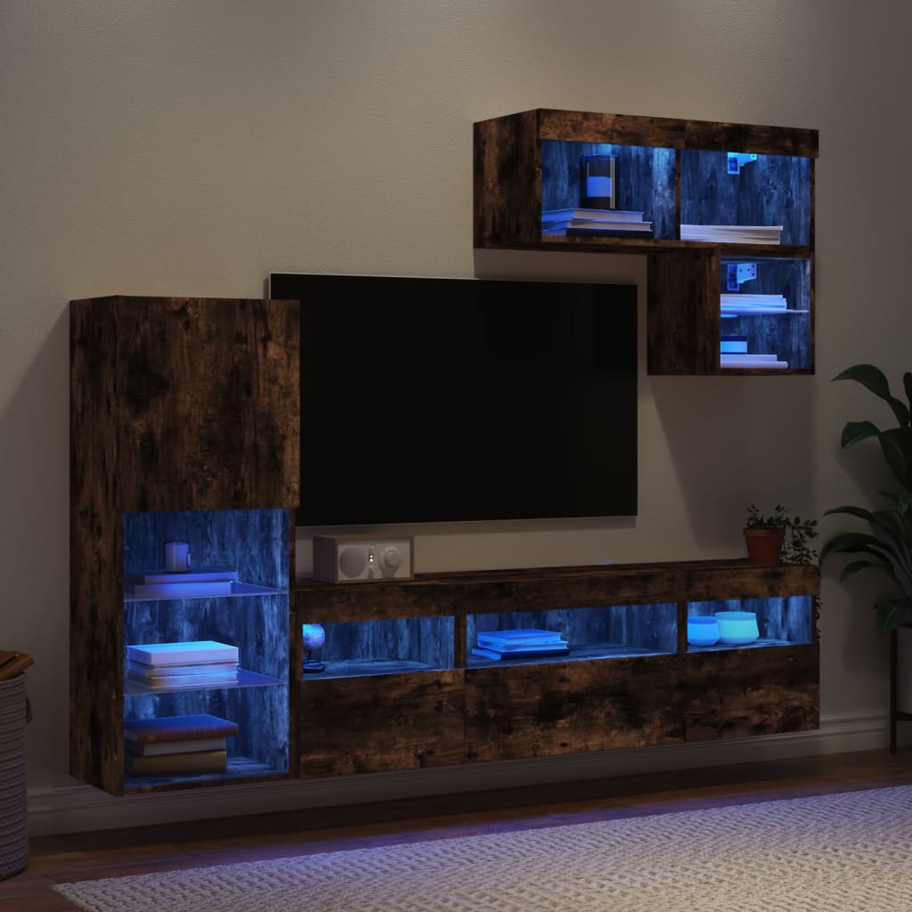 6 Piece TV Wall Units with LED Smoked Oak Engineered Wood