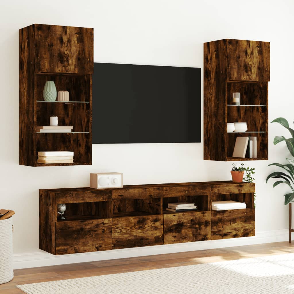 5 Piece TV Wall Units with LED Smoked Oak Engineered Wood