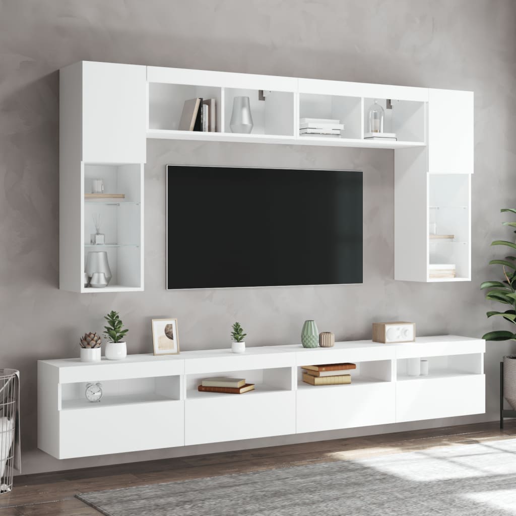 8 Piece TV Wall Cabinet Set with LED Lights White