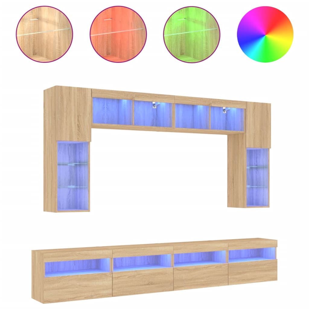 8 Piece TV Wall Cabinet Set with LED Lights Sonoma Oak
