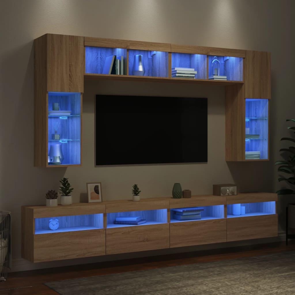 8 Piece TV Wall Cabinet Set with LED Lights Sonoma Oak