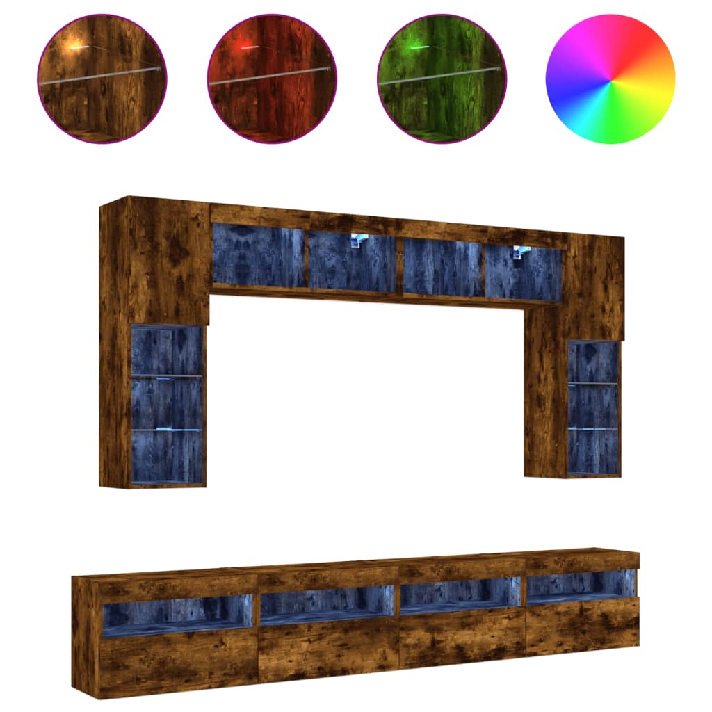 8 Piece TV Wall Cabinet Set with LED Lights Smoked Oak