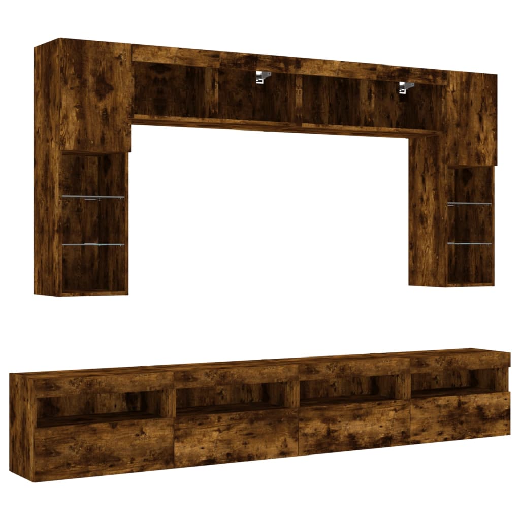 8 Piece TV Wall Cabinet Set with LED Lights Smoked Oak