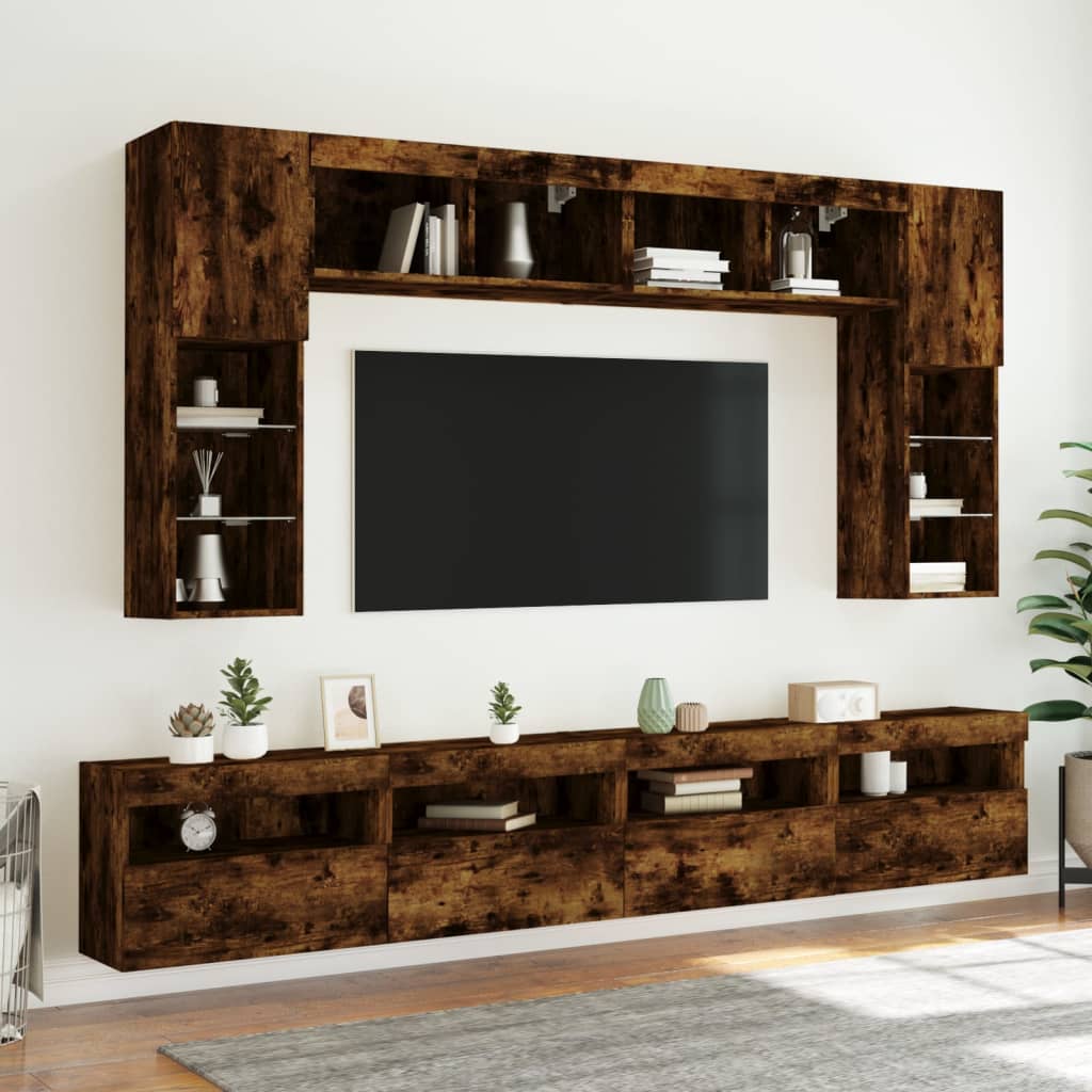 8 Piece TV Wall Cabinet Set with LED Lights Smoked Oak