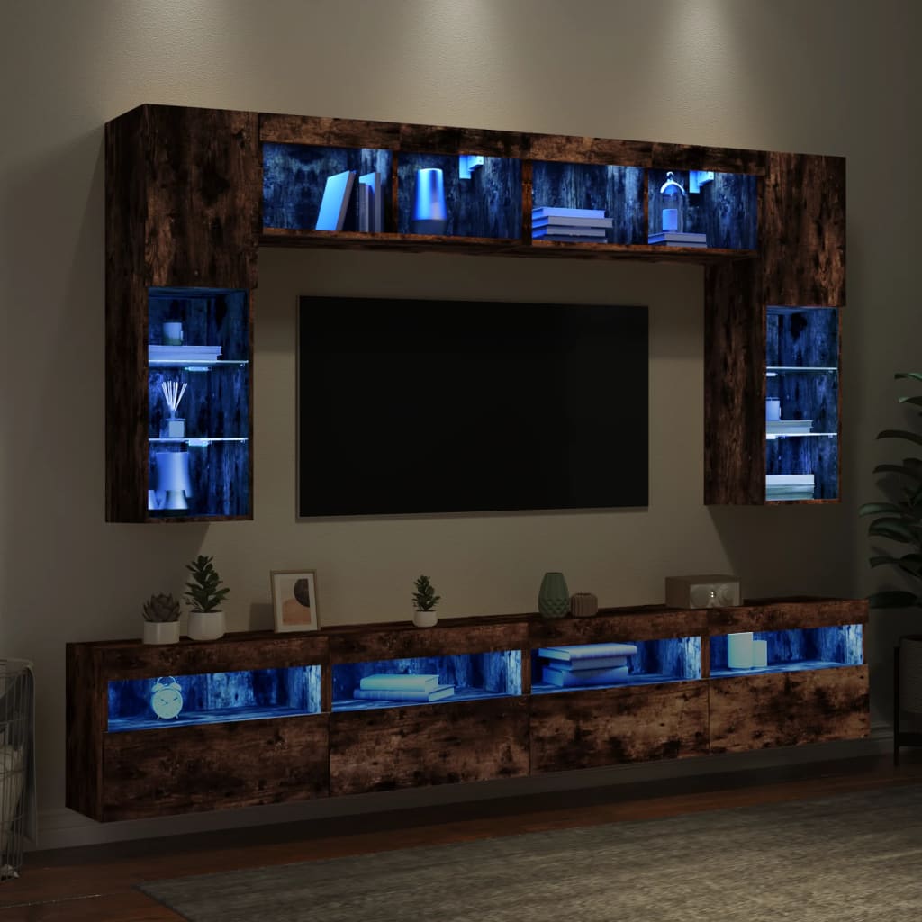 8 Piece TV Wall Cabinet Set with LED Lights Smoked Oak