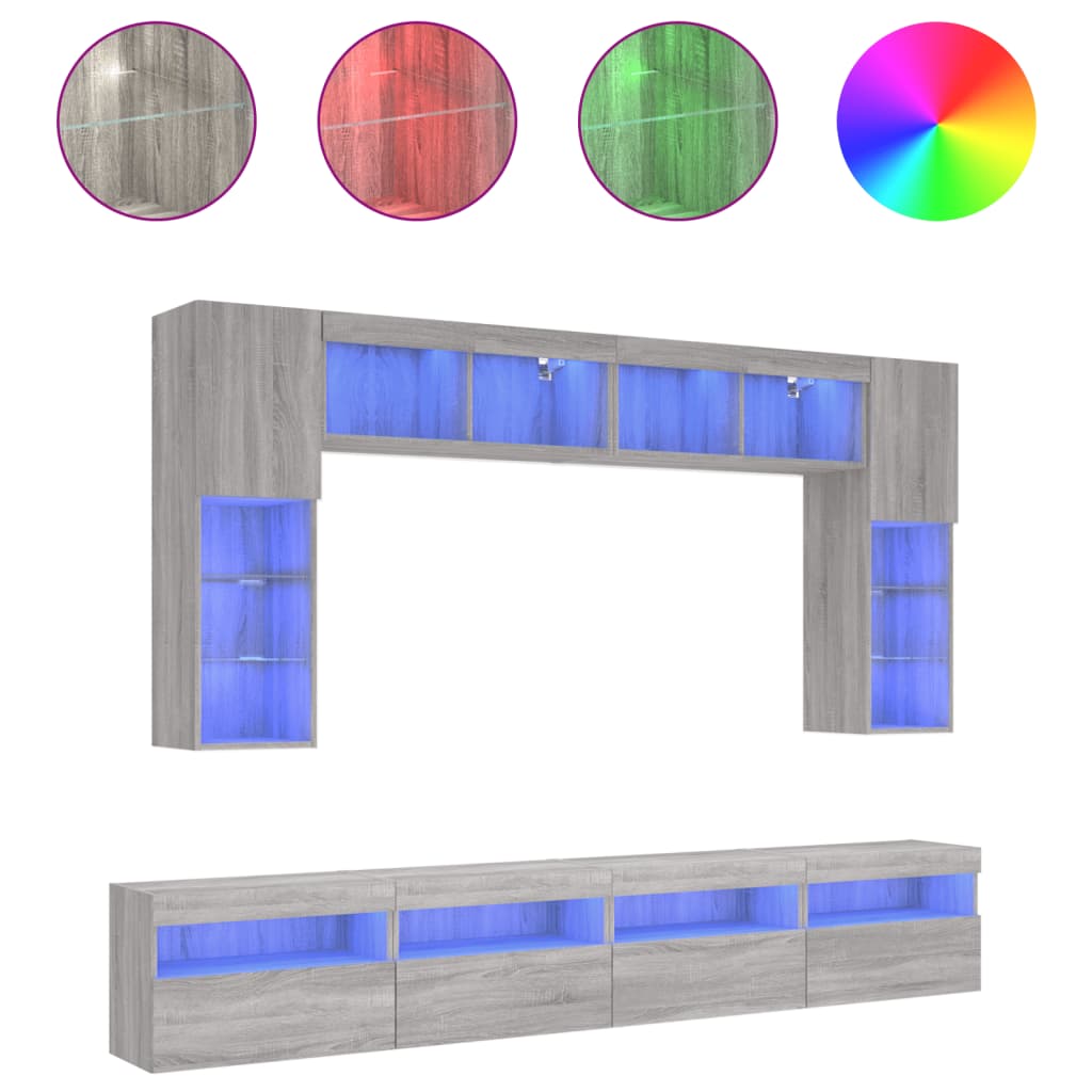 8 Piece TV Wall Cabinet Set with LED Lights Grey Sonoma