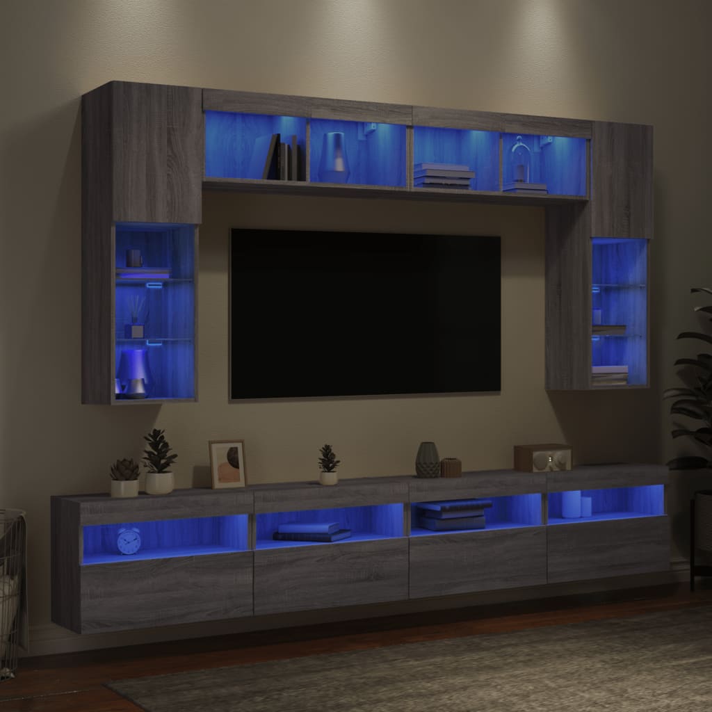 8 Piece TV Wall Cabinet Set with LED Lights Grey Sonoma