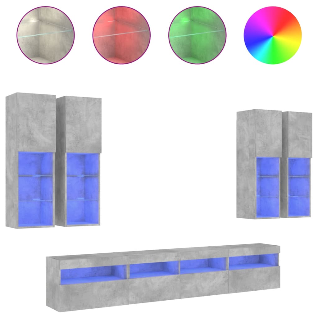 7 Piece TV Wall Cabinet Set with LED Lights Concrete Grey