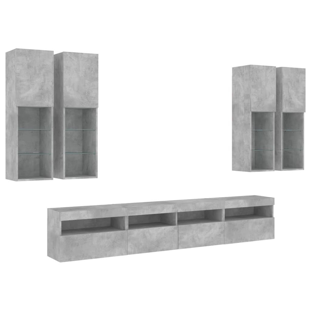 7 Piece TV Wall Cabinet Set with LED Lights Concrete Grey