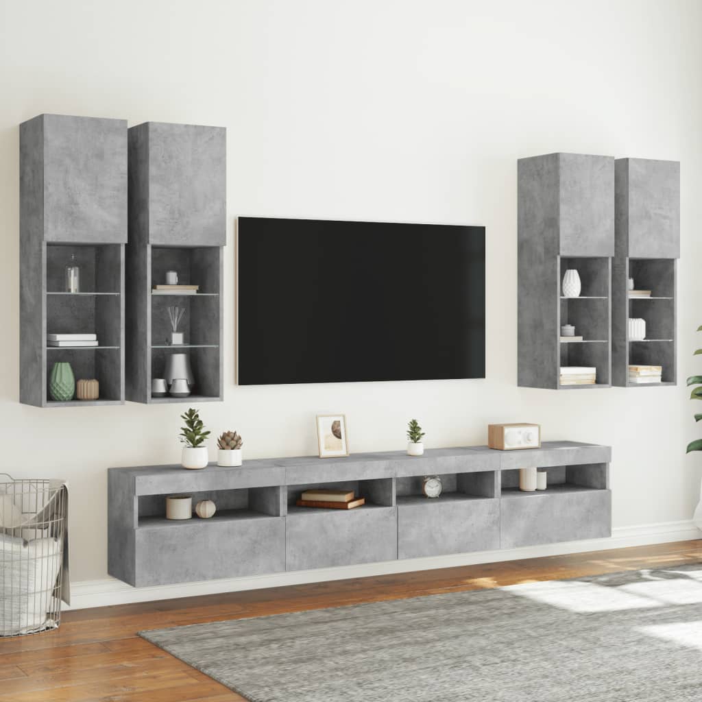 7 Piece TV Wall Cabinet Set with LED Lights Concrete Grey
