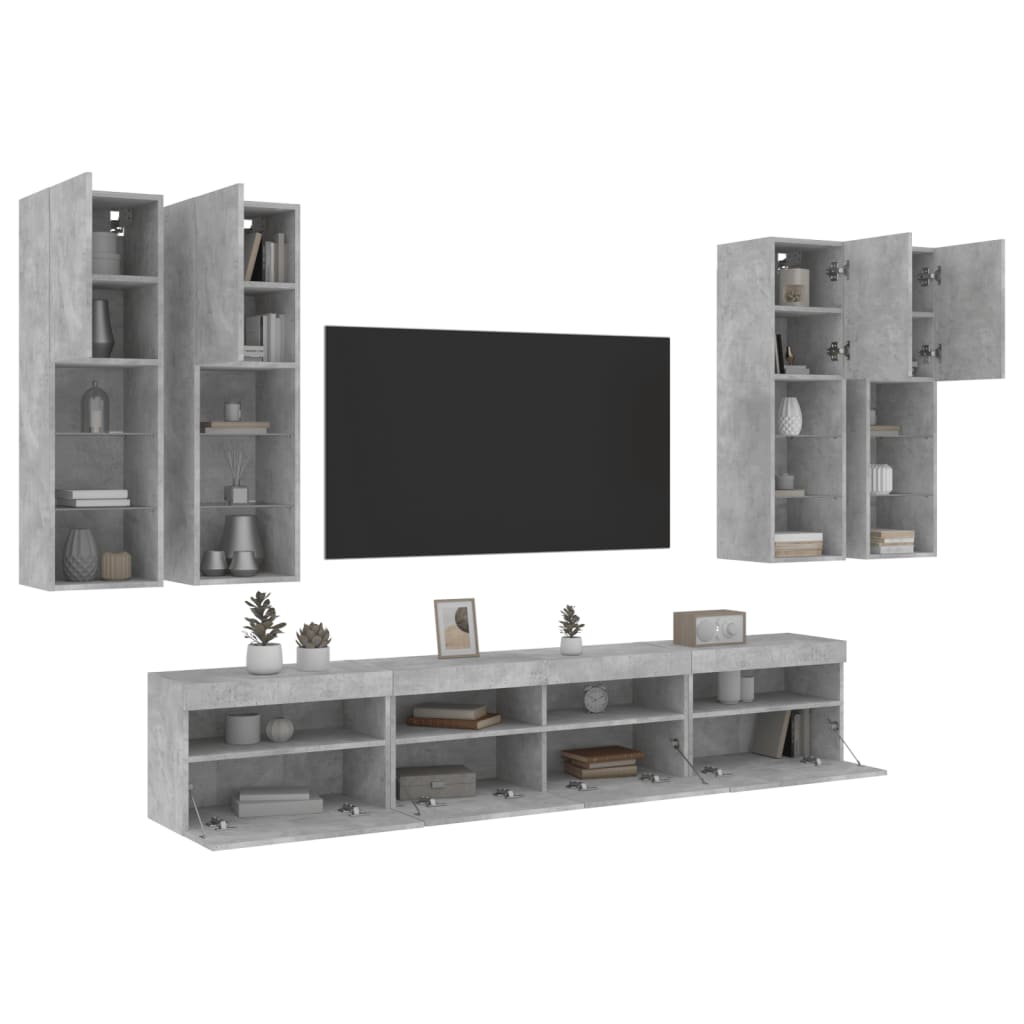 7 Piece TV Wall Cabinet Set with LED Lights Concrete Grey