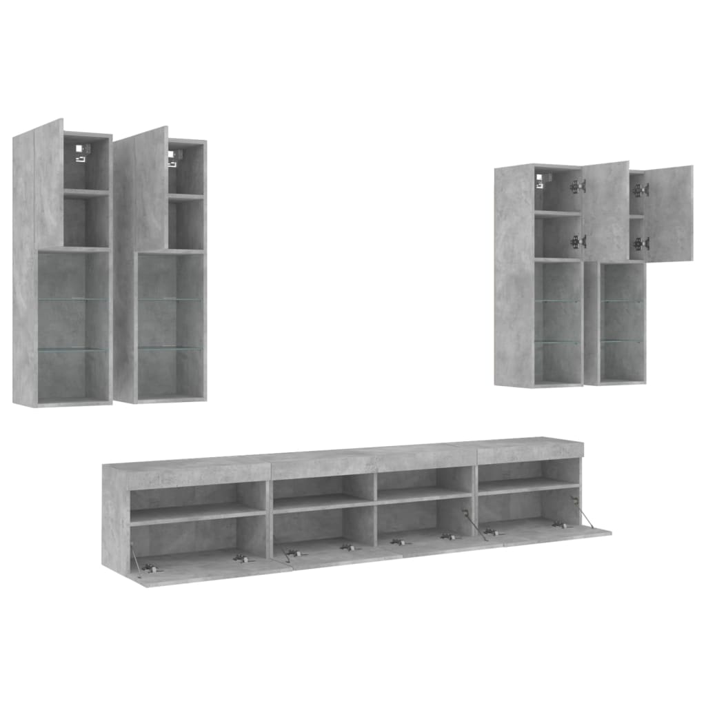 7 Piece TV Wall Cabinet Set with LED Lights Concrete Grey