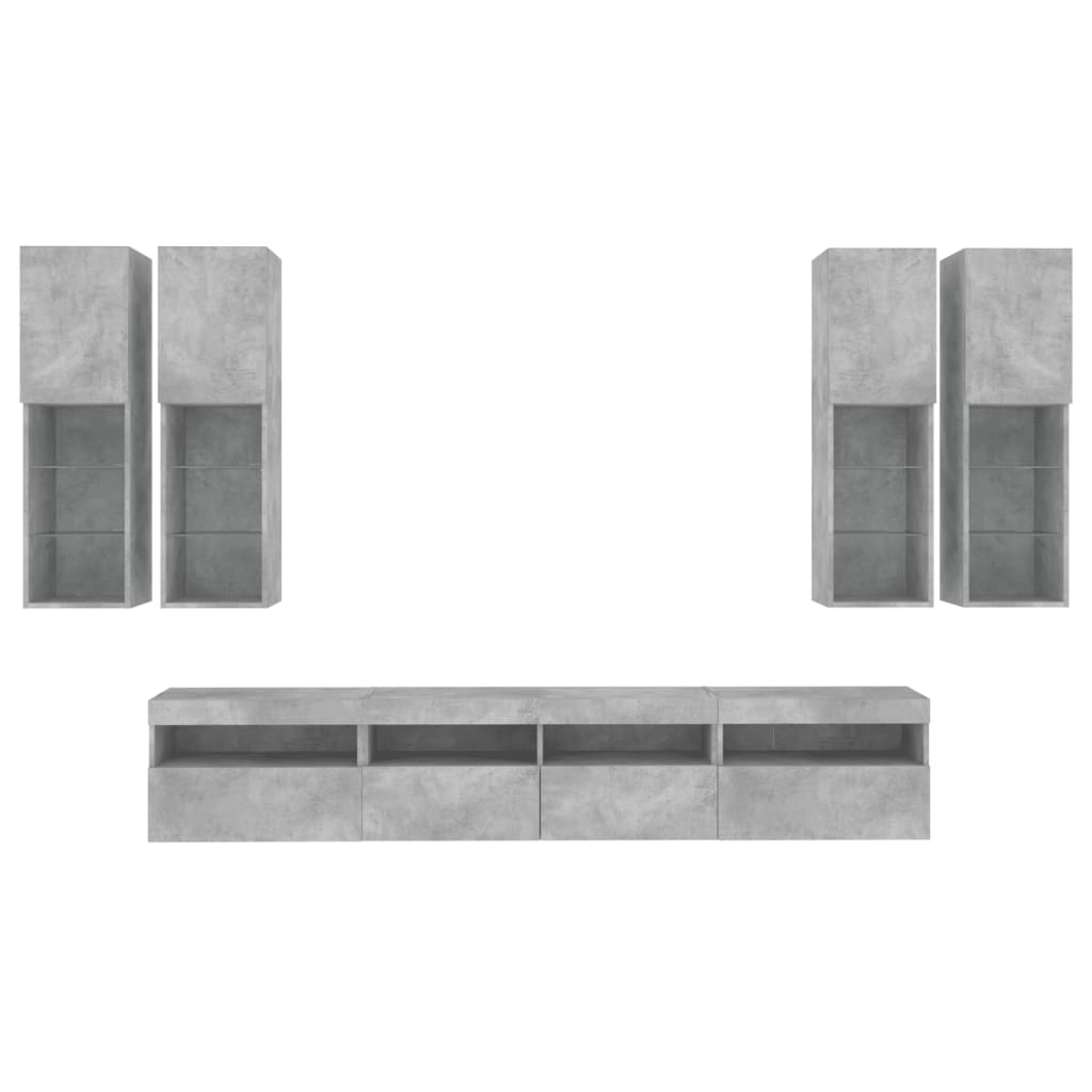 7 Piece TV Wall Cabinet Set with LED Lights Concrete Grey