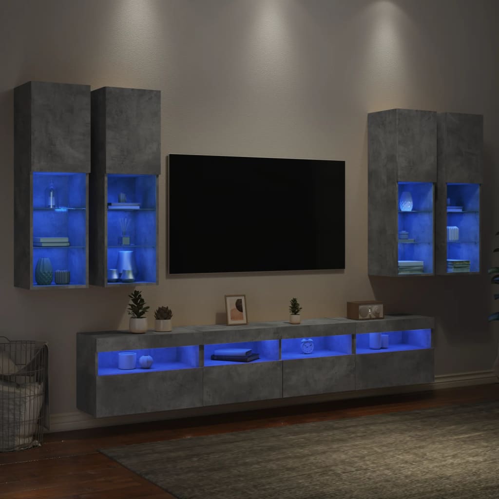 7 Piece TV Wall Cabinet Set with LED Lights Concrete Grey