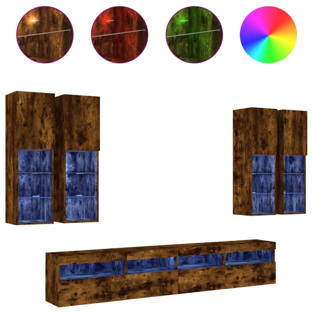 7 Piece TV Wall Cabinet Set with LED Lights Smoked Oak