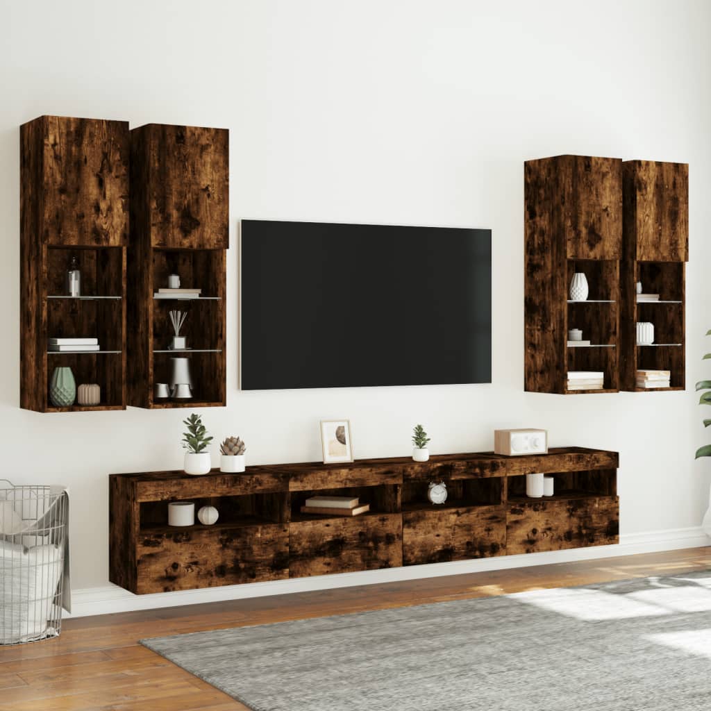 7 Piece TV Wall Cabinet Set with LED Lights Smoked Oak