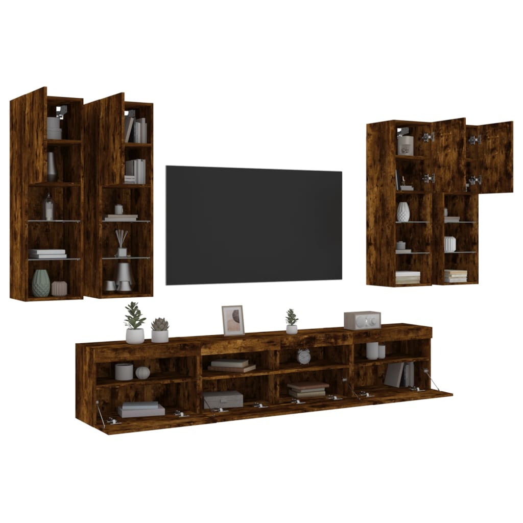 7 Piece TV Wall Cabinet Set with LED Lights Smoked Oak