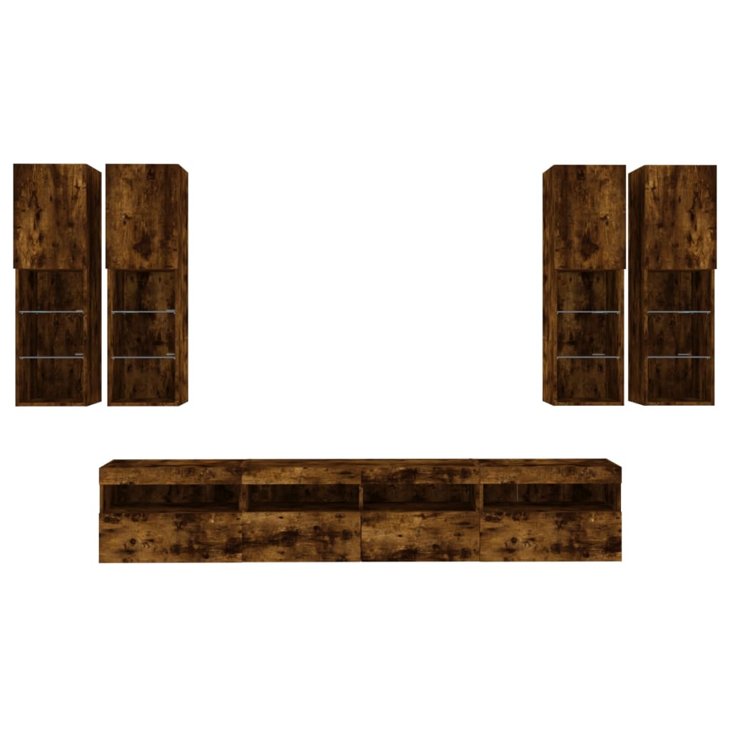 7 Piece TV Wall Cabinet Set with LED Lights Smoked Oak