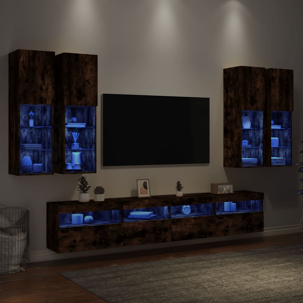 7 Piece TV Wall Cabinet Set with LED Lights Smoked Oak