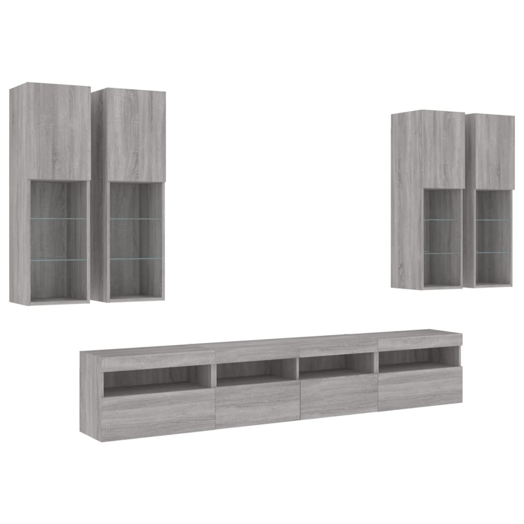 7 Piece TV Wall Cabinet Set with LED Lights Grey Sonoma