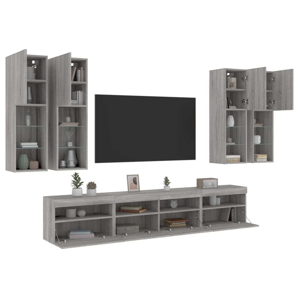 7 Piece TV Wall Cabinet Set with LED Lights Grey Sonoma