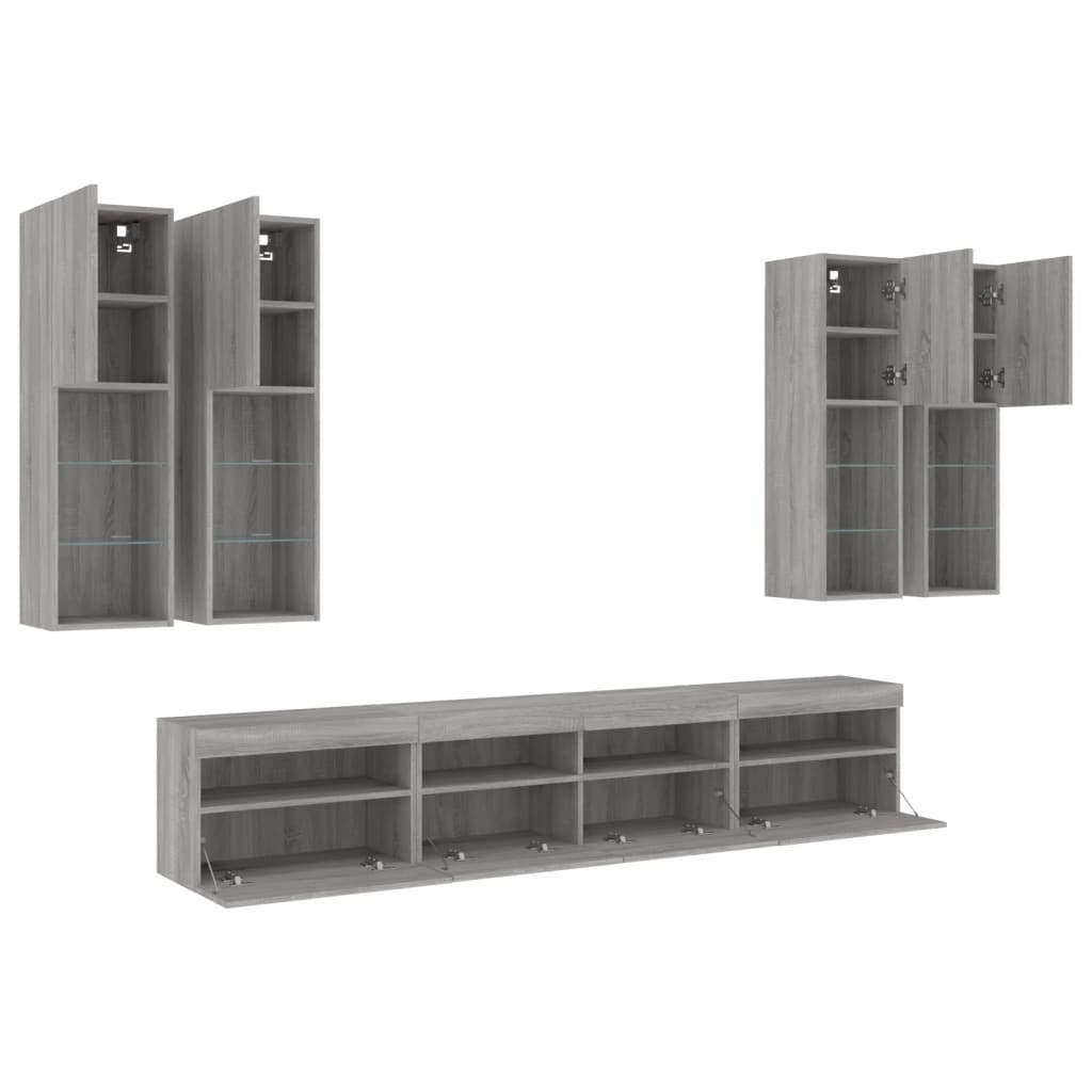 7 Piece TV Wall Cabinet Set with LED Lights Grey Sonoma