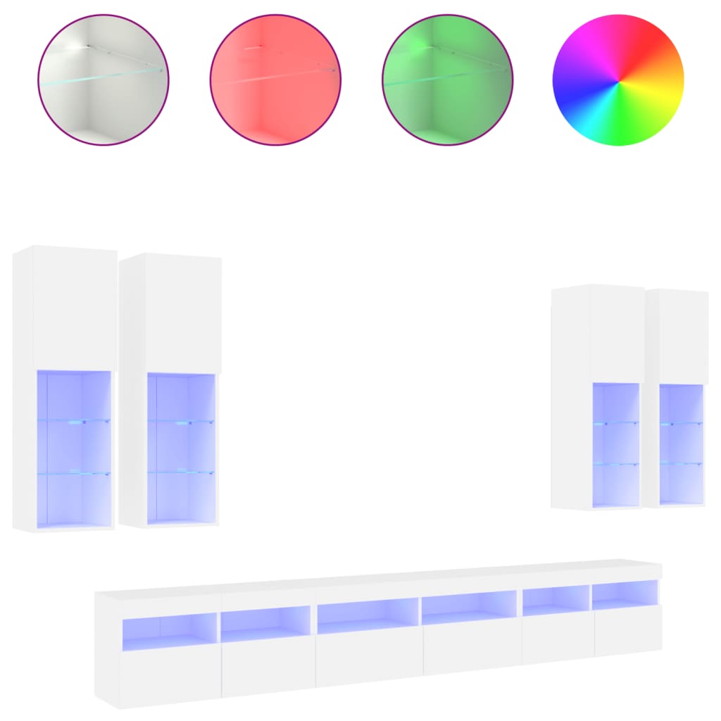 7 Piece TV Wall Cabinet Set with LED Lights White