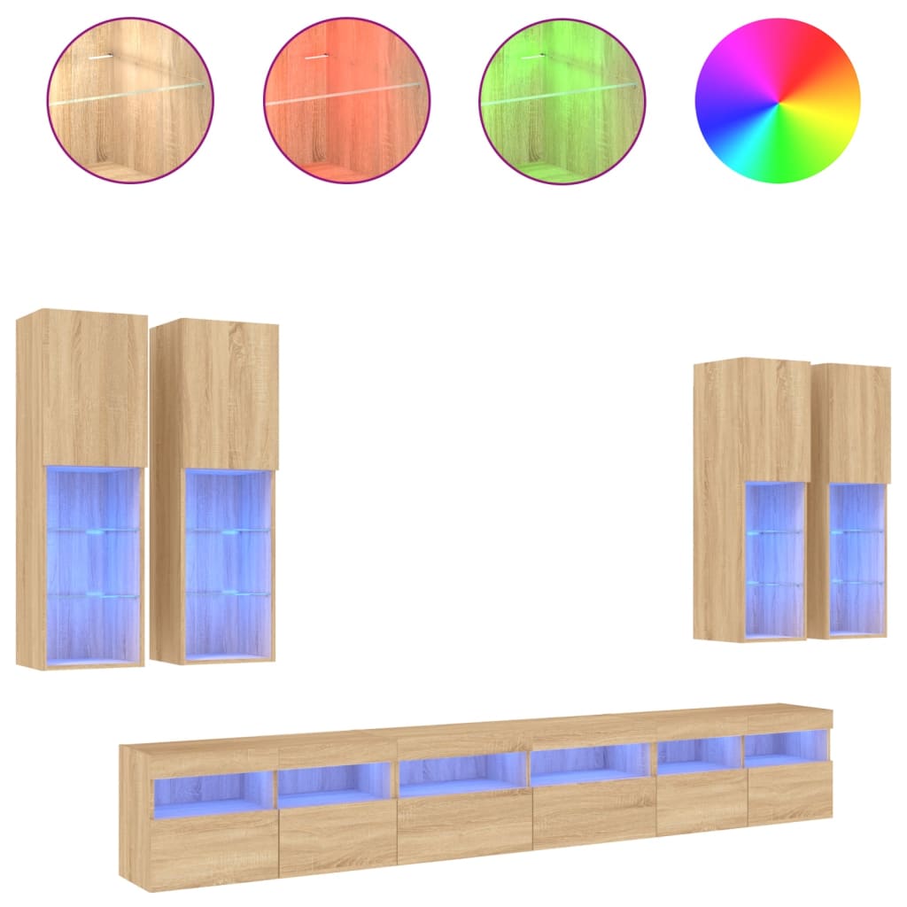 7 Piece TV Wall Cabinet Set with LED Lights Sonoma Oak