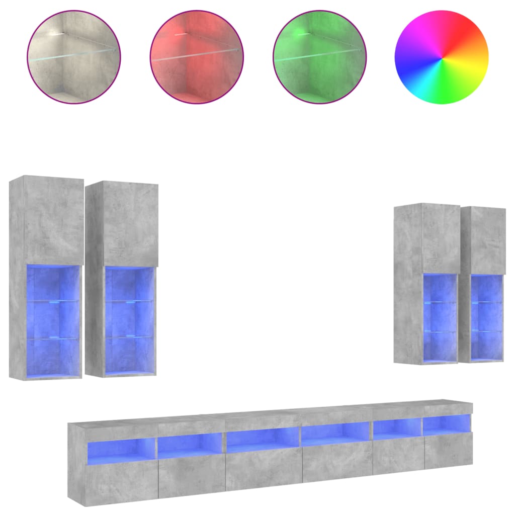 7 Piece TV Wall Cabinet Set with LED Lights Concrete Grey