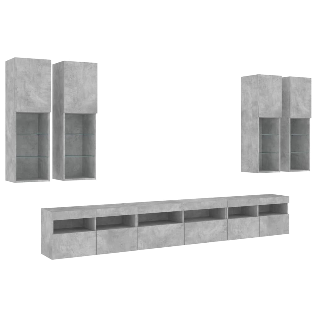 7 Piece TV Wall Cabinet Set with LED Lights Concrete Grey