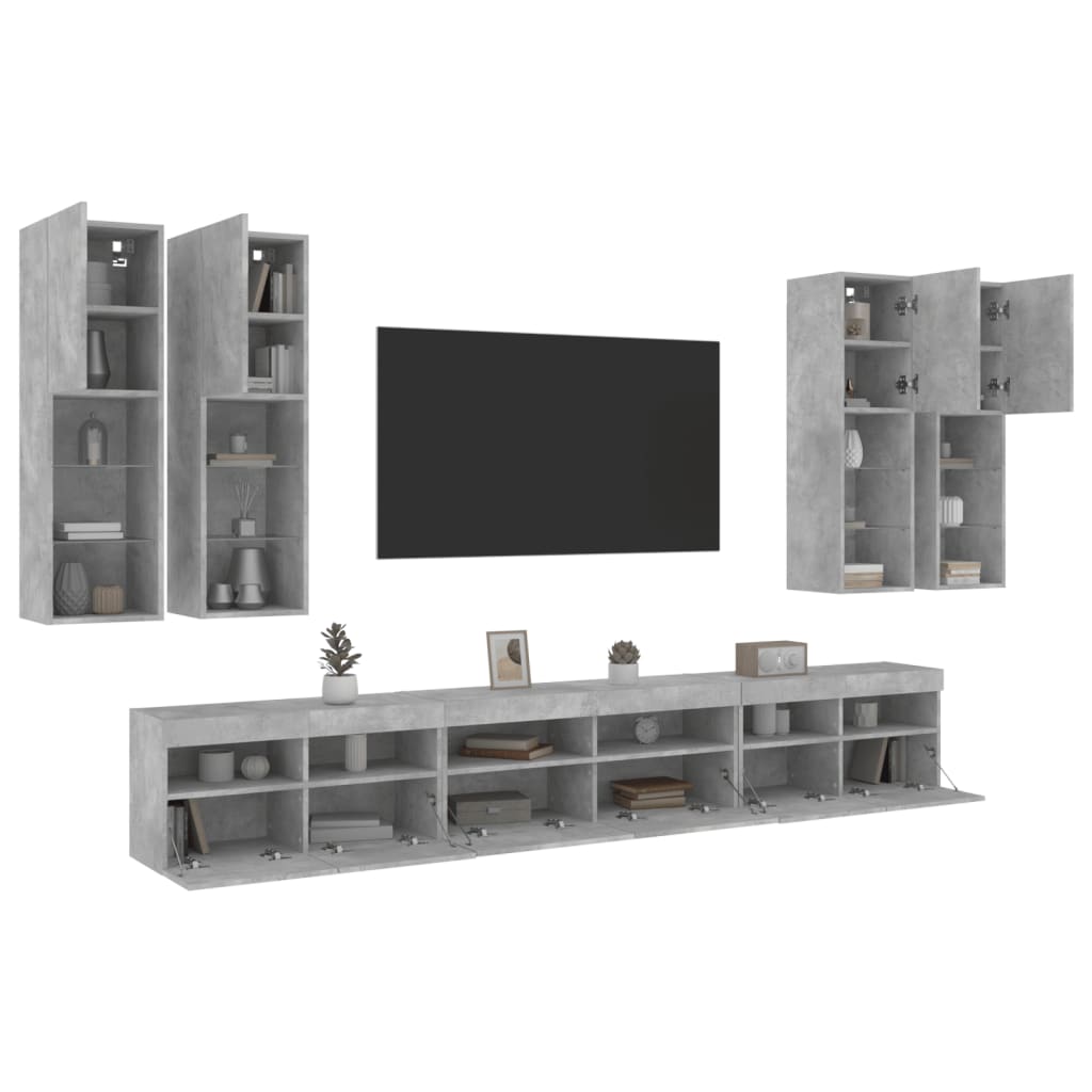 7 Piece TV Wall Cabinet Set with LED Lights Concrete Grey