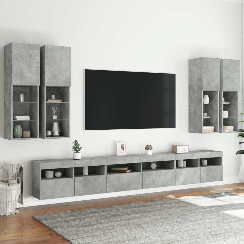 7 Piece TV Wall Cabinet Set with LED Lights Concrete Grey