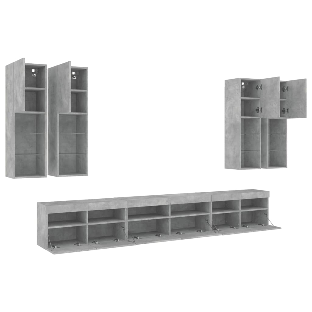 7 Piece TV Wall Cabinet Set with LED Lights Concrete Grey