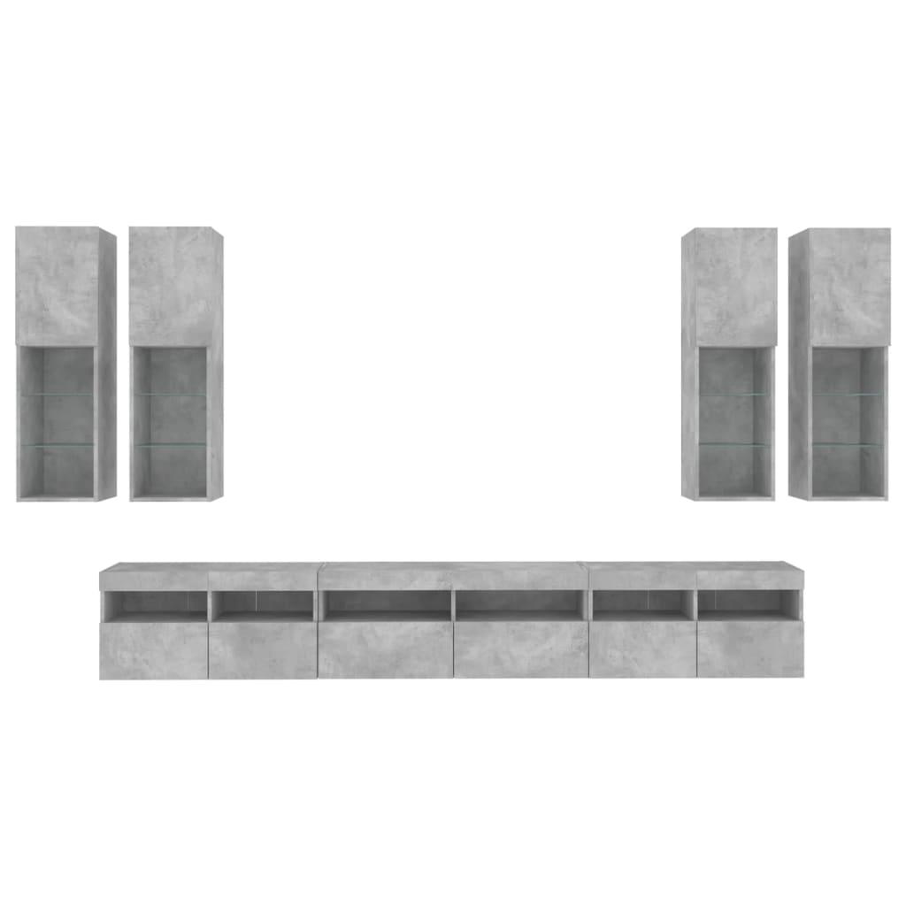 7 Piece TV Wall Cabinet Set with LED Lights Concrete Grey