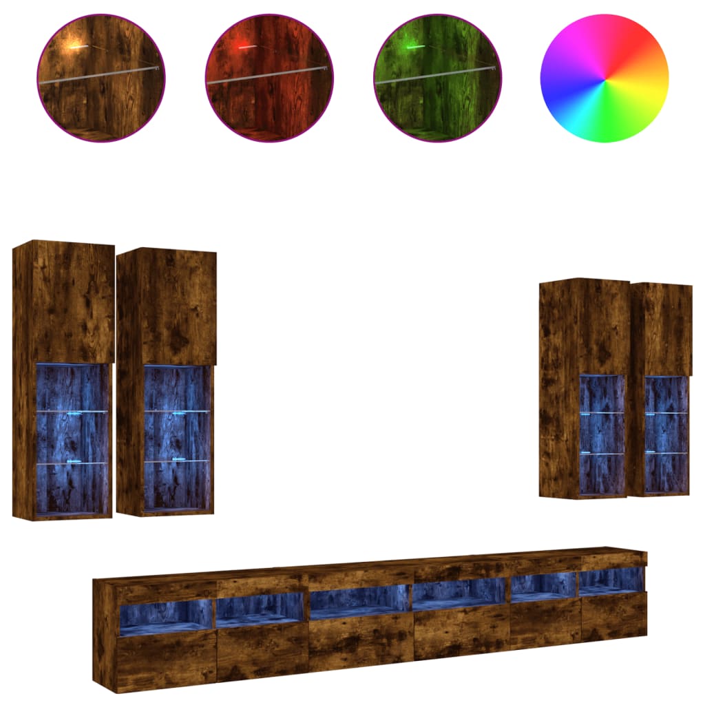 7 Piece TV Wall Cabinet Set with LED Lights Smoked Oak