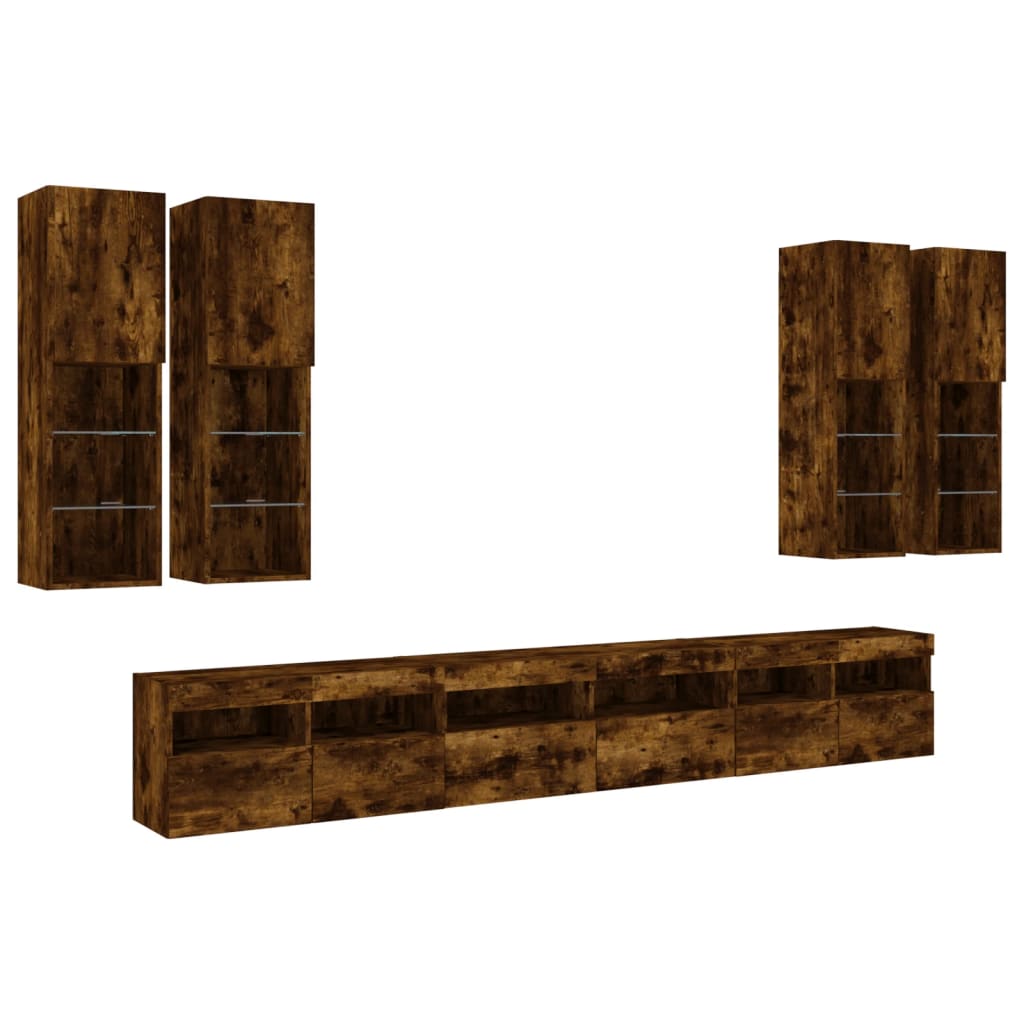 7 Piece TV Wall Cabinet Set with LED Lights Smoked Oak