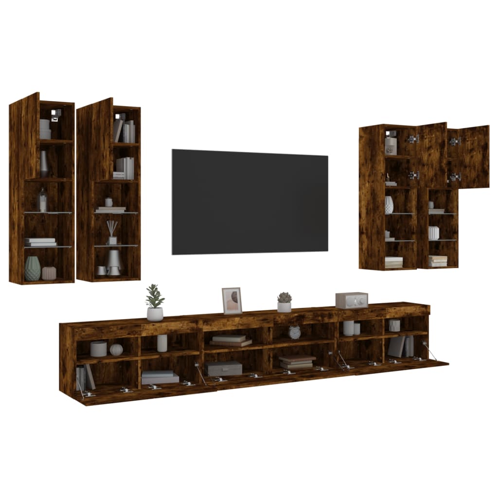 7 Piece TV Wall Cabinet Set with LED Lights Smoked Oak