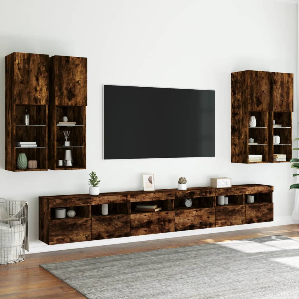 7 Piece TV Wall Cabinet Set with LED Lights Smoked Oak