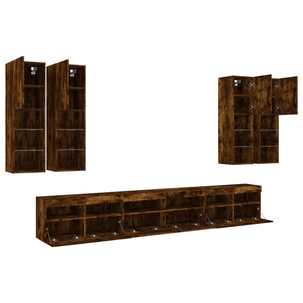7 Piece TV Wall Cabinet Set with LED Lights Smoked Oak